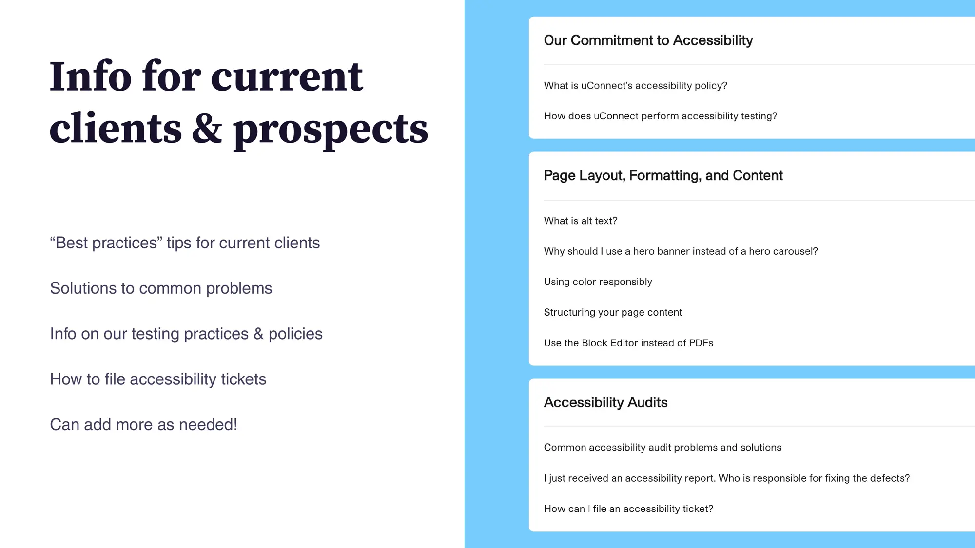A web page design showing a section titled 'Info for current clients & prospects' on the left, listing bullet points like 'Best practices tips,' 'Solutions to common problems,' and 'How to file accessibility tickets.' On the right, three distinct blue-boxed content areas are visible: 'Our Commitment to Accessibility,' 'Page Layout, Formatting, and Content,' and 'Accessibility Audits,' each listing several common accessibility questions or topics.