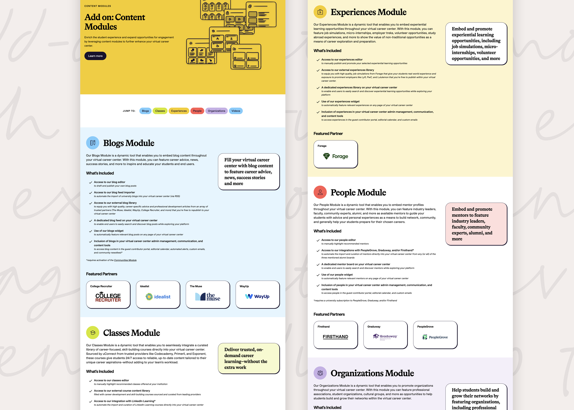 Screenshots of the content module add-on page on the uConnect marketing website. The page is long, with alternating sections of colorful and white backgrounds. Each content module has a prominent icon and header, checkmark list, helper text, call-out quote, and featured partners.