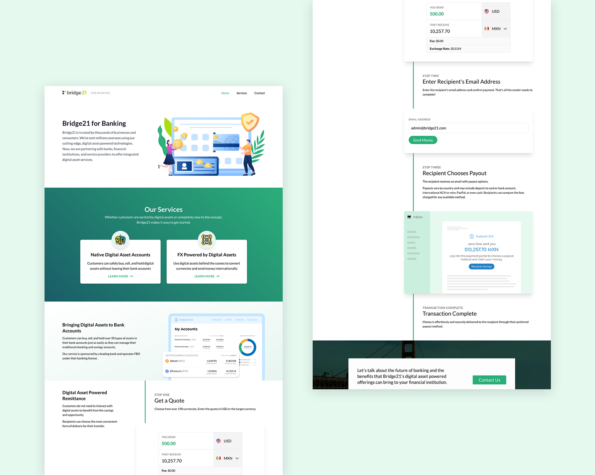 Screenshot of an airy, clean website with large content sections in white and green. The website highlights available services and outlines the money sending process, from getting a quote to the recipient's funds arriving in their preferred payout method.