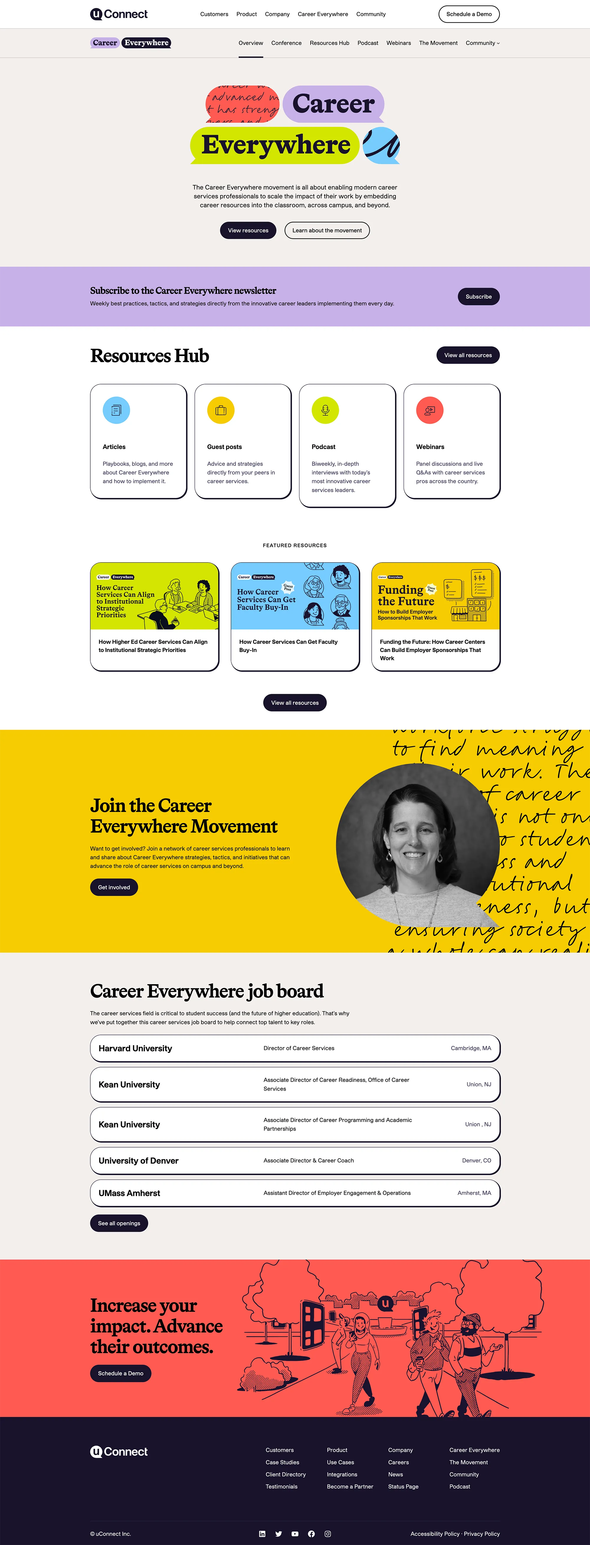 The 'Career Everywhere' movement homepage. The hero section features a playful logo with the words 'Career Everywhere' inside a bright yellow speech bubble. Below this, a 'Resources Hub' displays icons for Articles, Guest Posts, Podcast, and Webinars. A middle section titled 'Join the Career Everywhere Movement' features a headshot cropped to the shape of uConnect's quote bubble logo, set against a bright yellow background with cursive script. Further down, there is a 'job board' listing open positions at various universities.