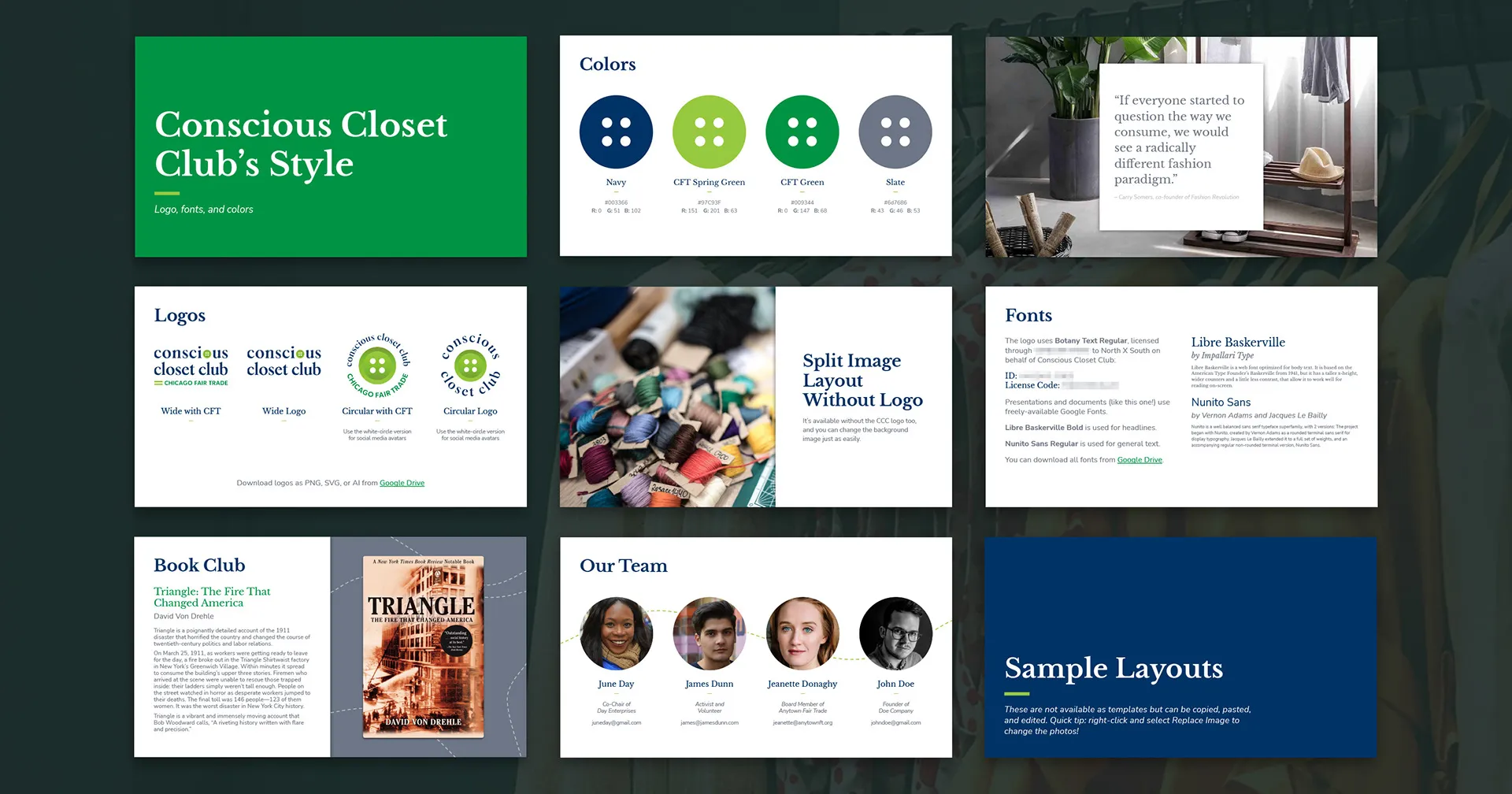 Multiple slides showing the Conscious Closet Club's style guide, including logo variations, color palette, and typography.