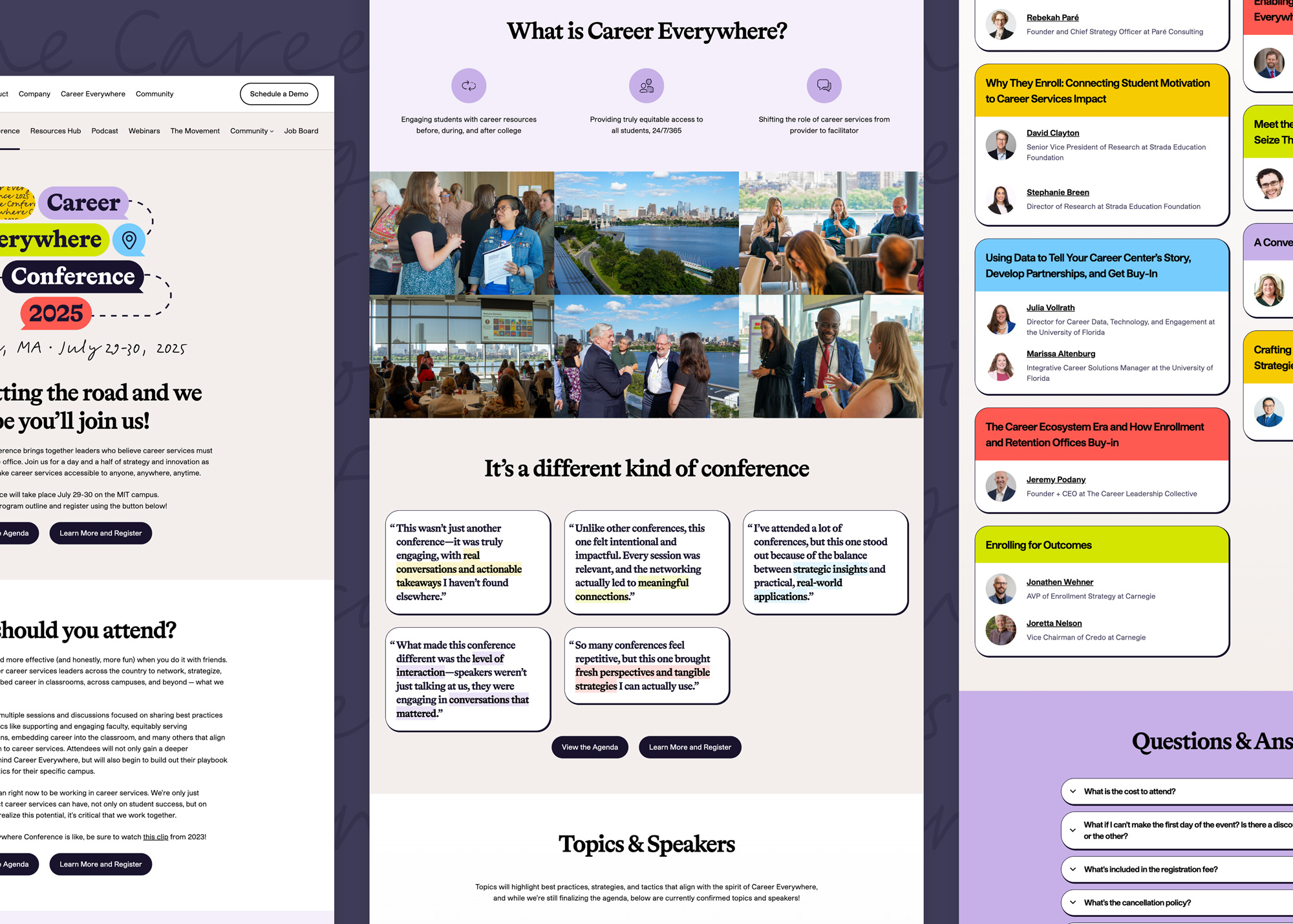 Multiple sections of the conference landing page on the uConnect marketing website. The page features a hero section with a bold headline and call-to-action button, followed by sections for speakers, agenda, sponsors, and registration information.