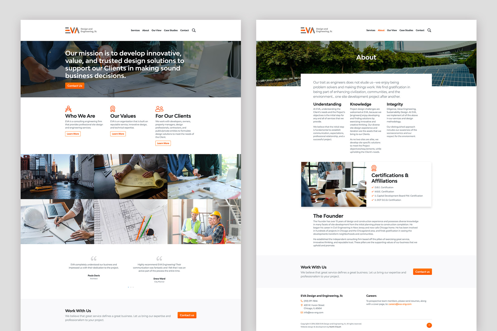Clean website design with a punchy orange accent and bold typography. Vibrant images featureconstruction/engineering themes with an airy, natural atmosphere.