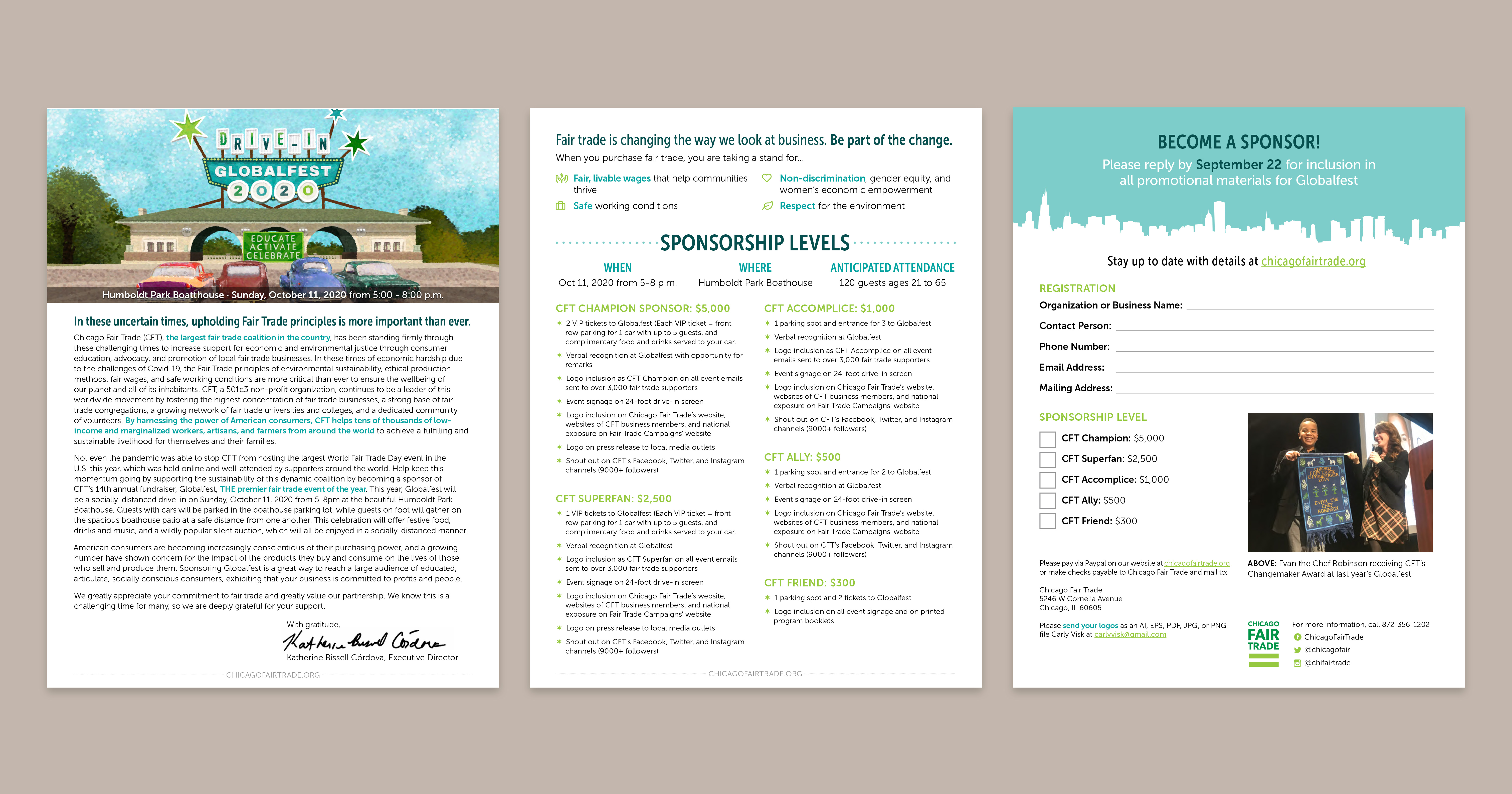 The 2020 Globalfest sponsorship letter uses multi-column text and features an interactive form.
