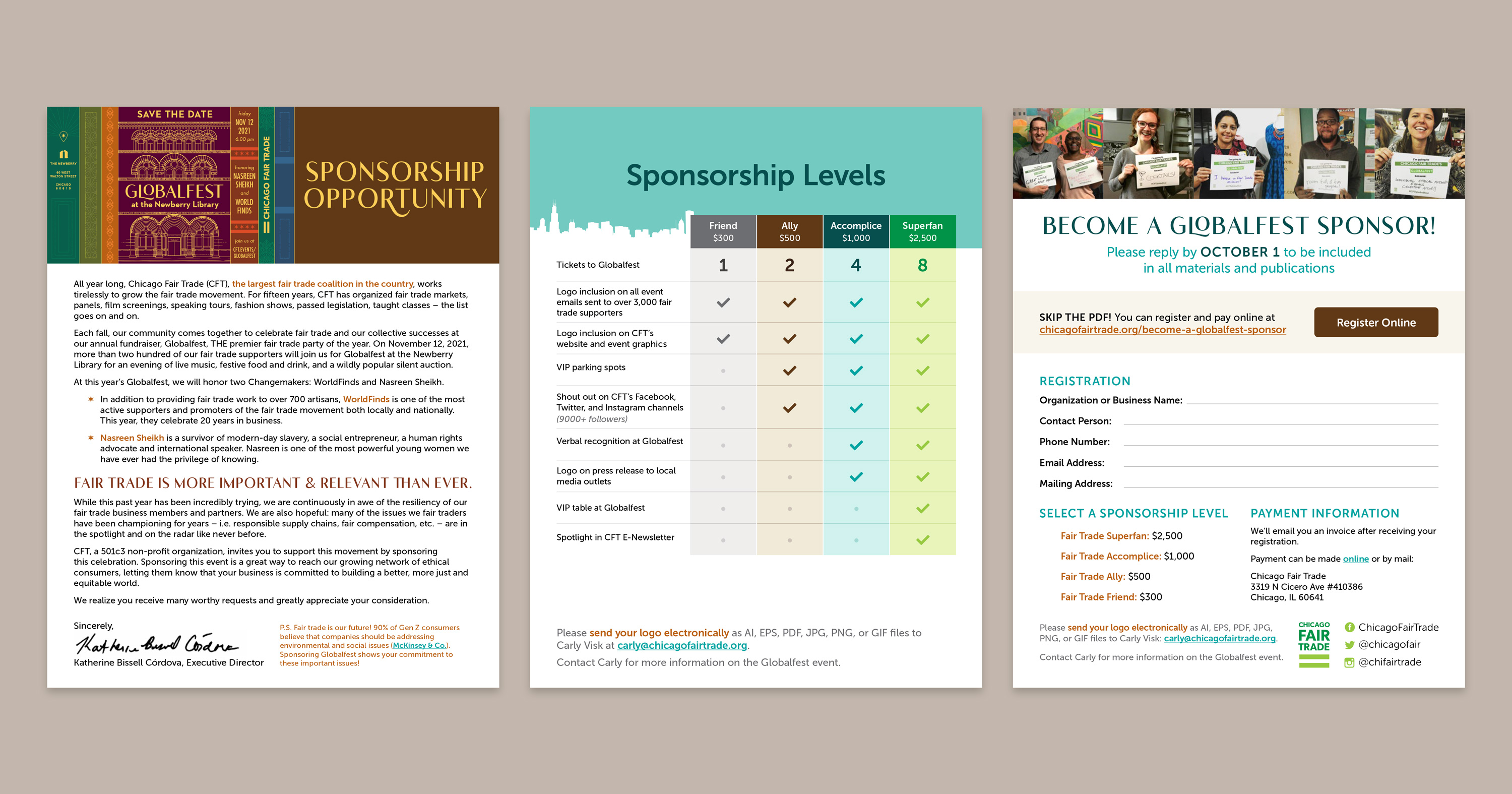 The 2021 Globalfest sponsorship letter uses a colorful table with various sponsorship levels and their perks. It also features an interactive form.