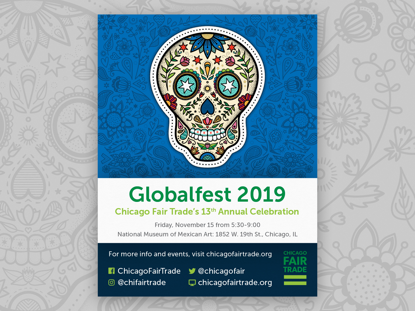 Illustration of a sugar skull with vibrant colors and motifs inspired by Chicago and traditional Dia de los Muertos imagery. The skull is adorned with flowers, leaves, and the star from the Chicago flag, creating a festive and eye-catching design.