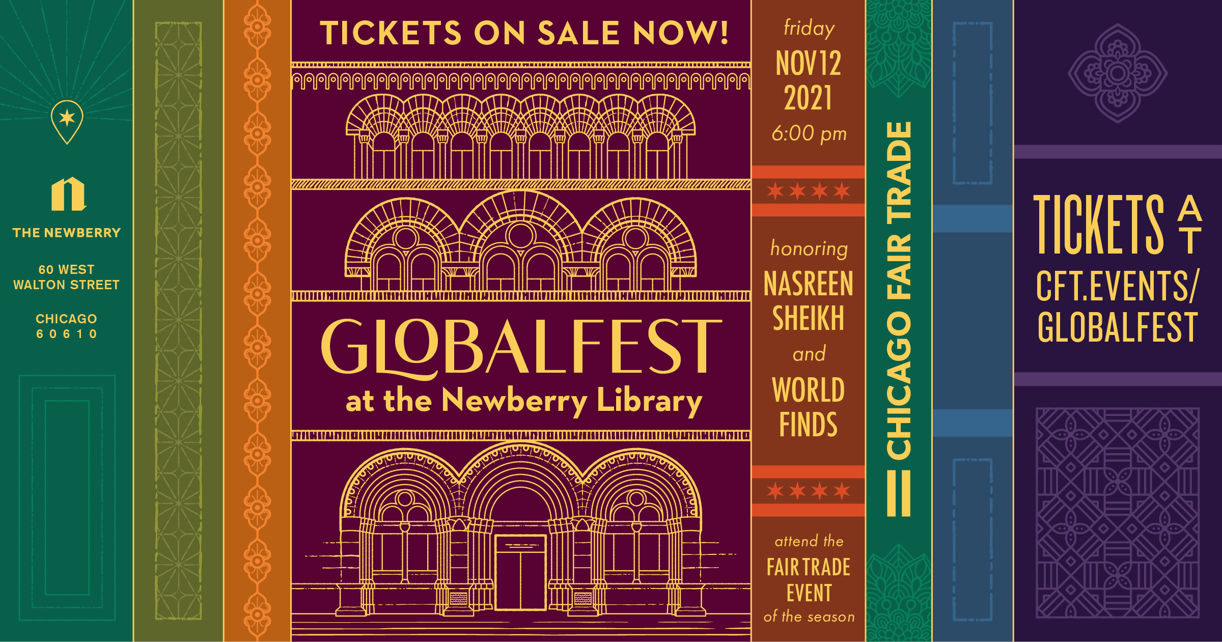 Event banner inspired by book spines. There are several rich, jewel-toned panels with gold detailing and stylized typography.