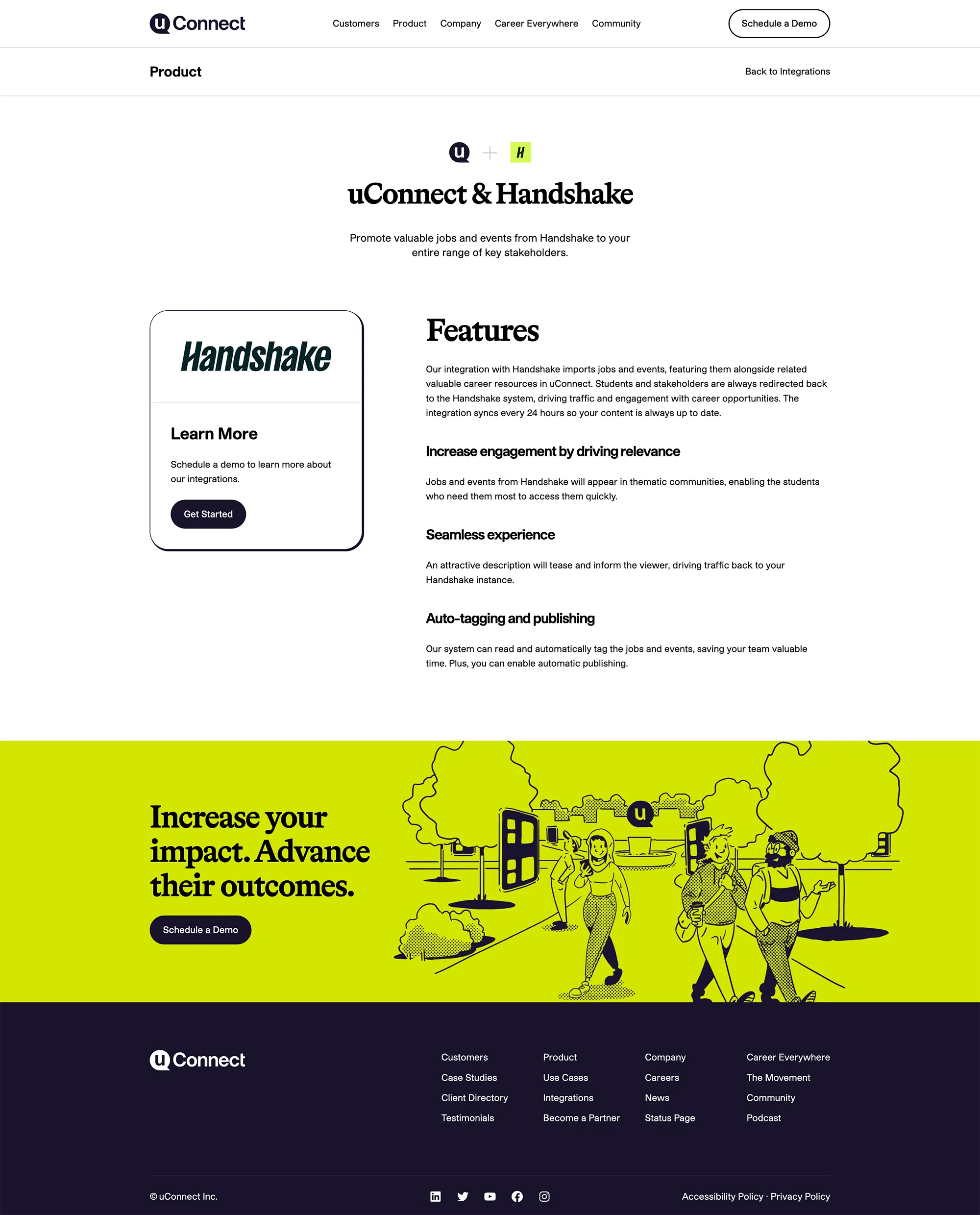 A product page detailing the integration between uConnect and Handshake. At the top, the uConnect and Handshake logos are joined by a plus sign. The main body text describes how the integration 'imports jobs and events' to promote to stakeholders. A sidebar card on the left features the Handshake logo and a 'Get Started' button.A screenshot of the uConnect Client Directory page. On the left, there is a 'Filters' sidebar with options for Institution Type (2 Year, 4 Year, Public, Private), Total Enrollment, and Populations Served. The main content area lists partner institutions in rounded white bars with their logos, including Abilene Christian University, Alabama State University, and Amherst College.