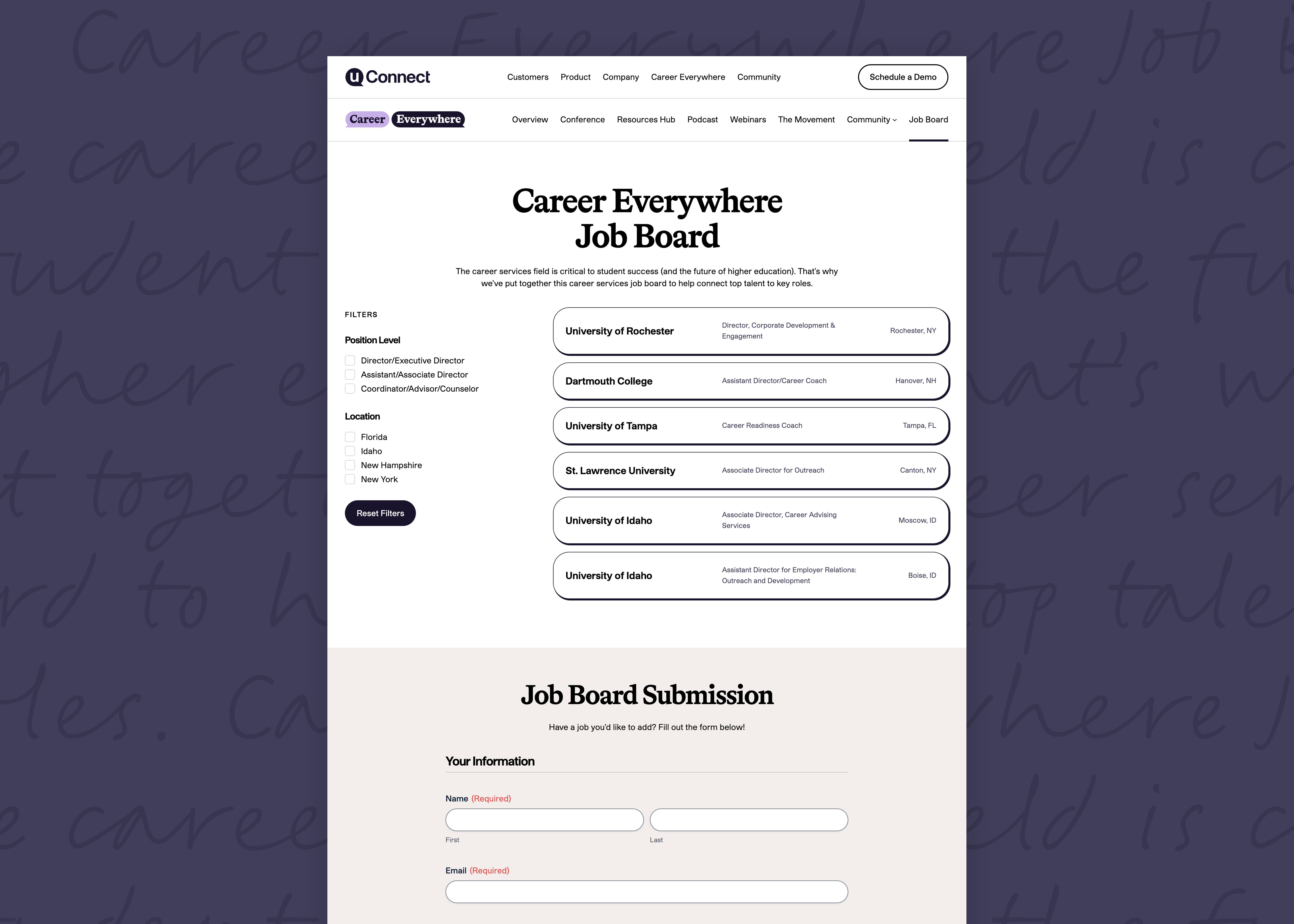 Screenshot of the job board section on the uConnect marketing website. The section features a filter sidebar, list of open positions, and a form to submit new job postings.