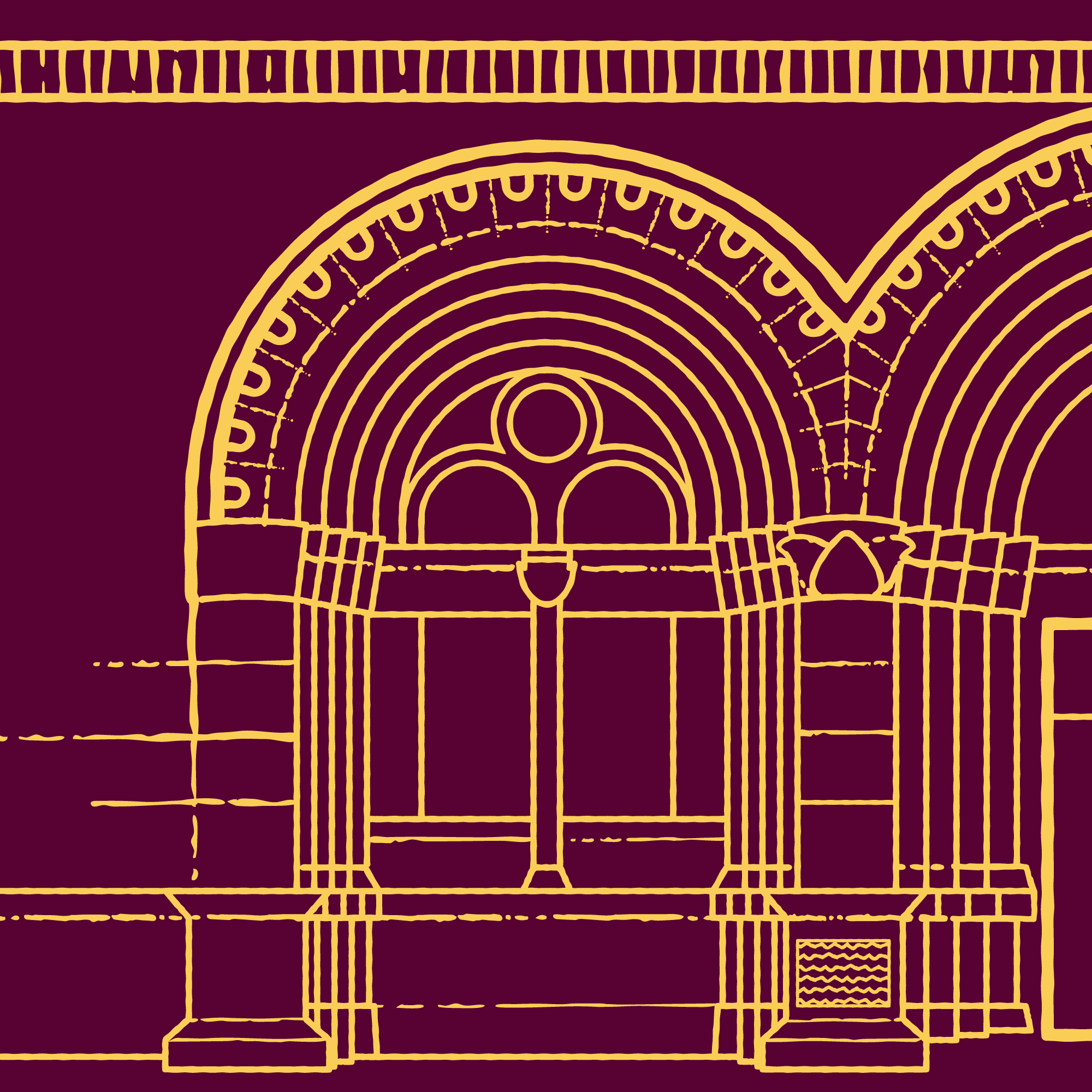 Close-up of an architectural illustration of the Newberry Library building. The linework is gold and features wobbly, imperfect lines.