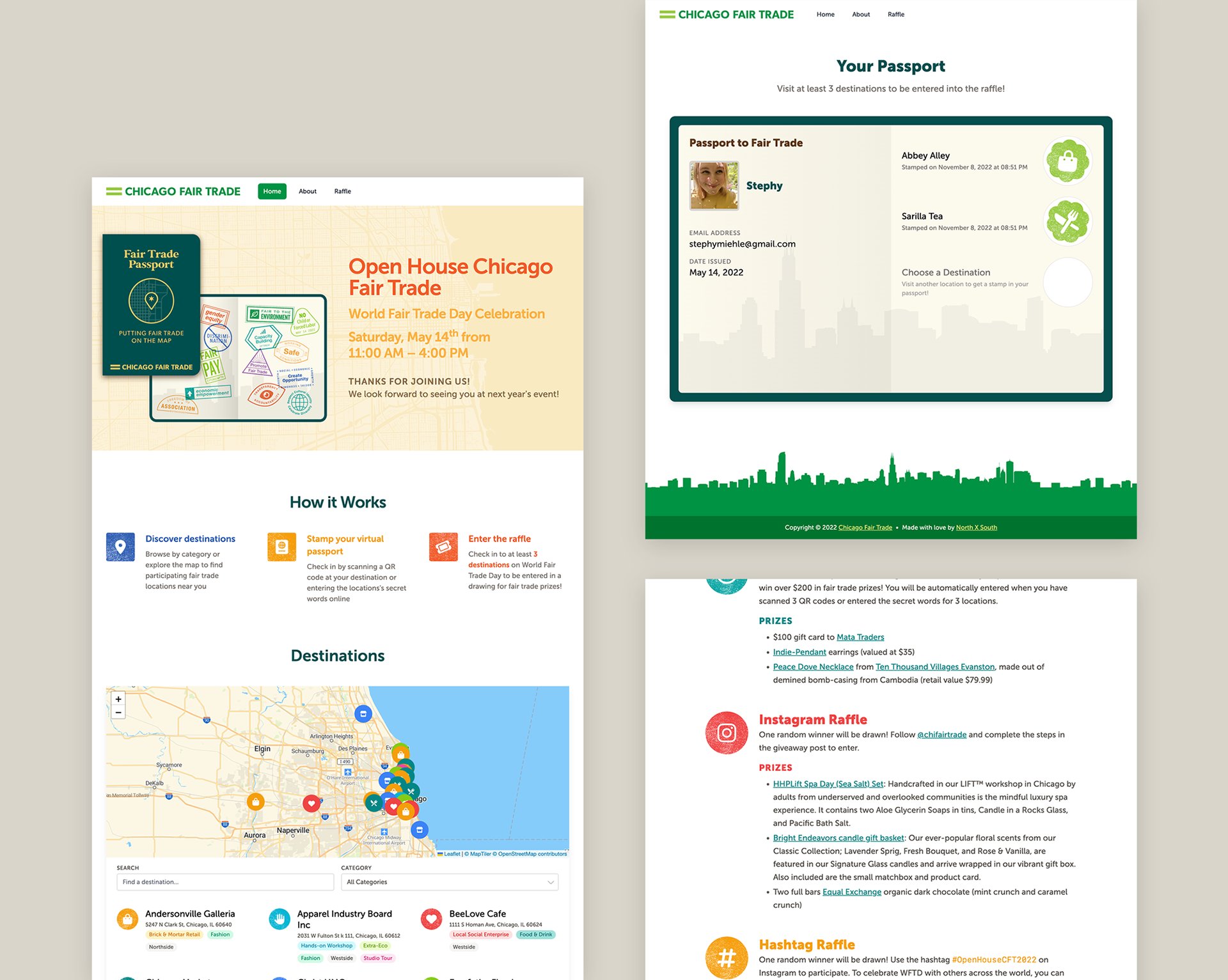 Stylized screenshot featuring the homepage with a colorful map. There is an additional screenshot of the passport page displaying stamped locations.