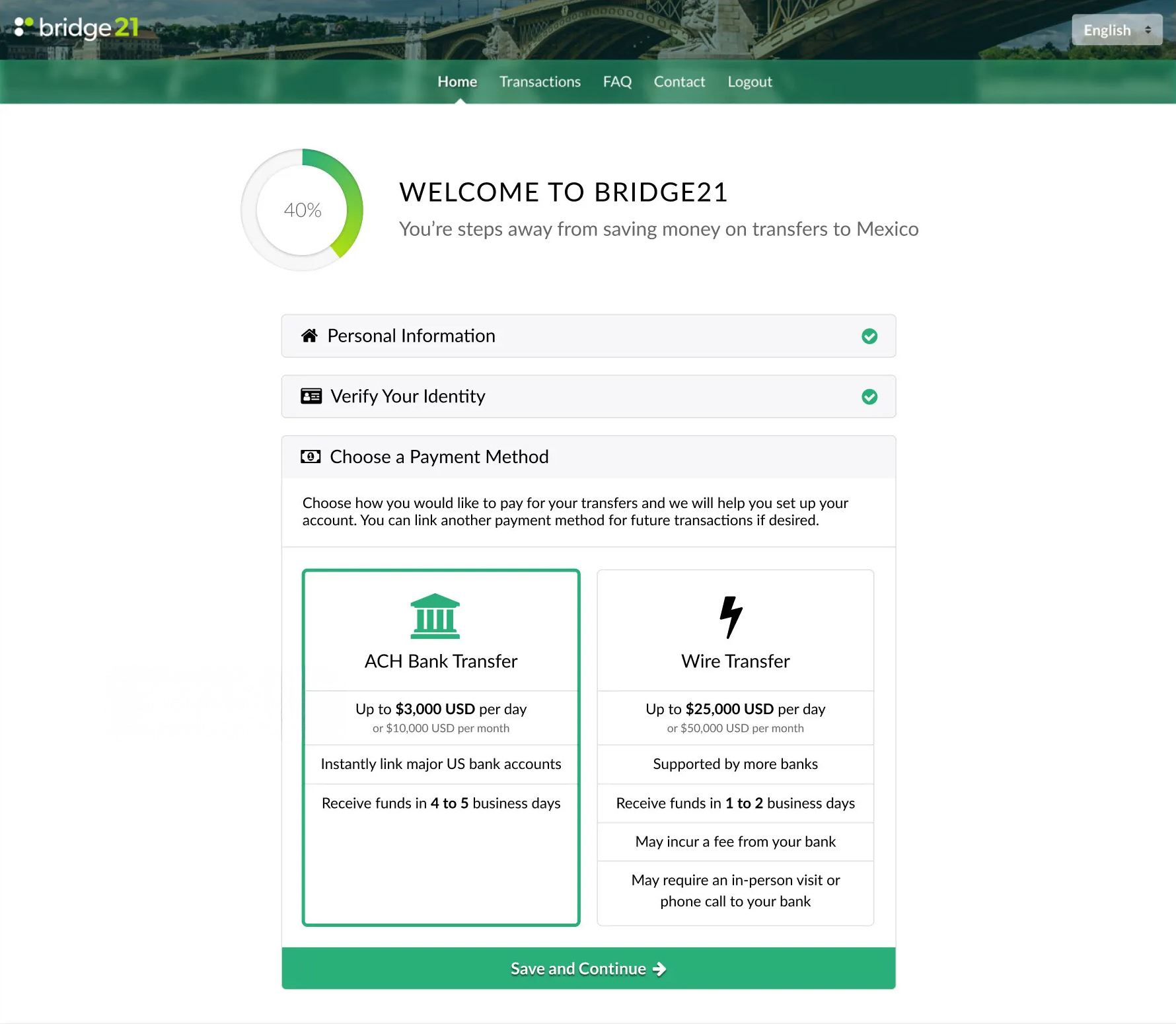 Screenshot of the payment method page on bridge21's remittance website. The page has a clean, simple layout with a progress circle at the top and options for selecting a payment method, including ACH bank transfer or a wire transfer.