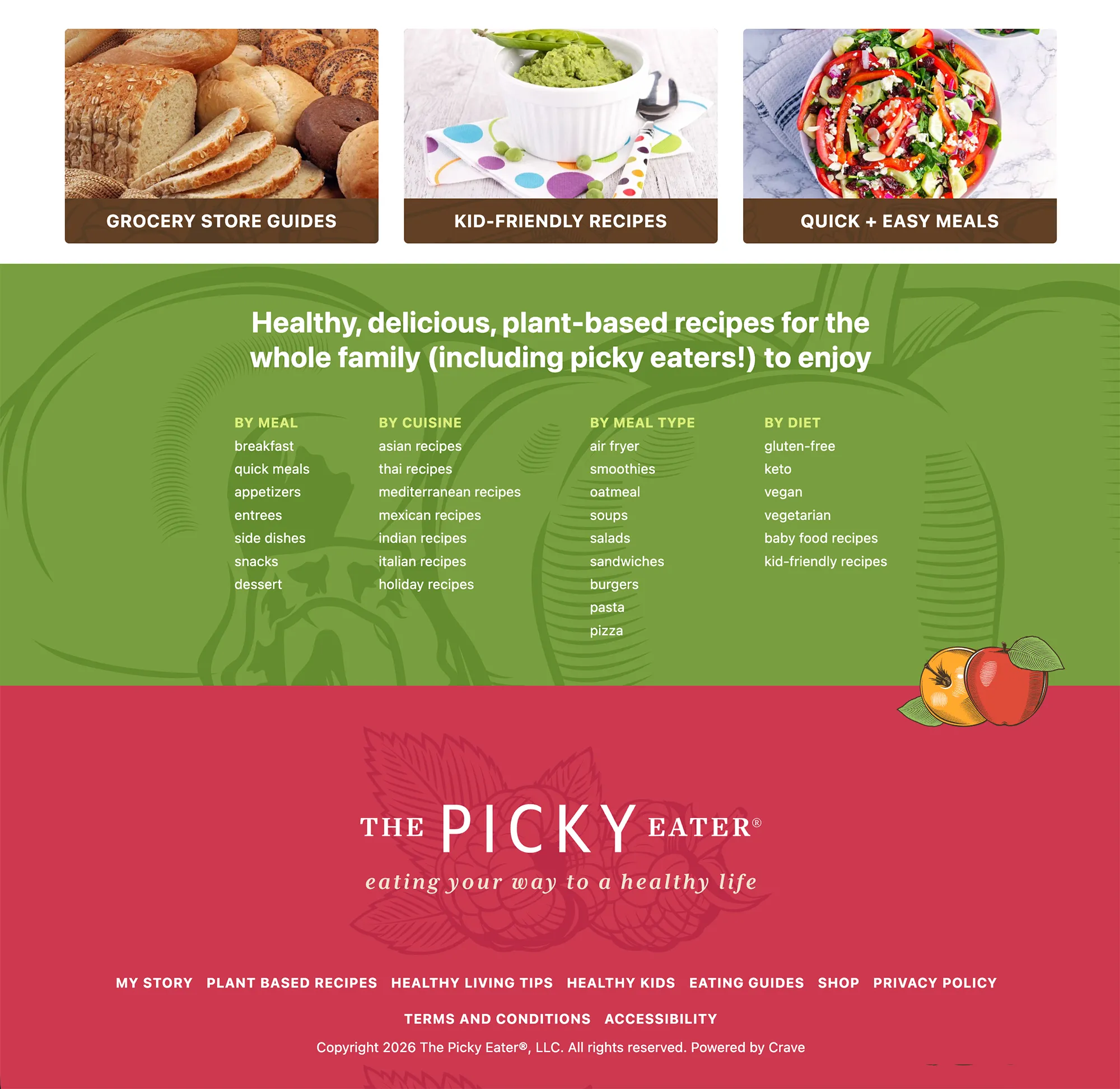A clean, modern food blog layout with a warm color palette of raspberry, orange, and spring green. The top features a minimalist header with a small circular portrait of a smiling woman, Anjali Shah. A large, vibrant hero photograph of a bowl of dark red chili sits in the center, topped with bright green cilantro and yellow tortilla chips. To the right, a sidebar displays a vertical grid of colorful food thumbnails. The page is organized with clear white space, flat buttons with bold text, and a clean grid system.