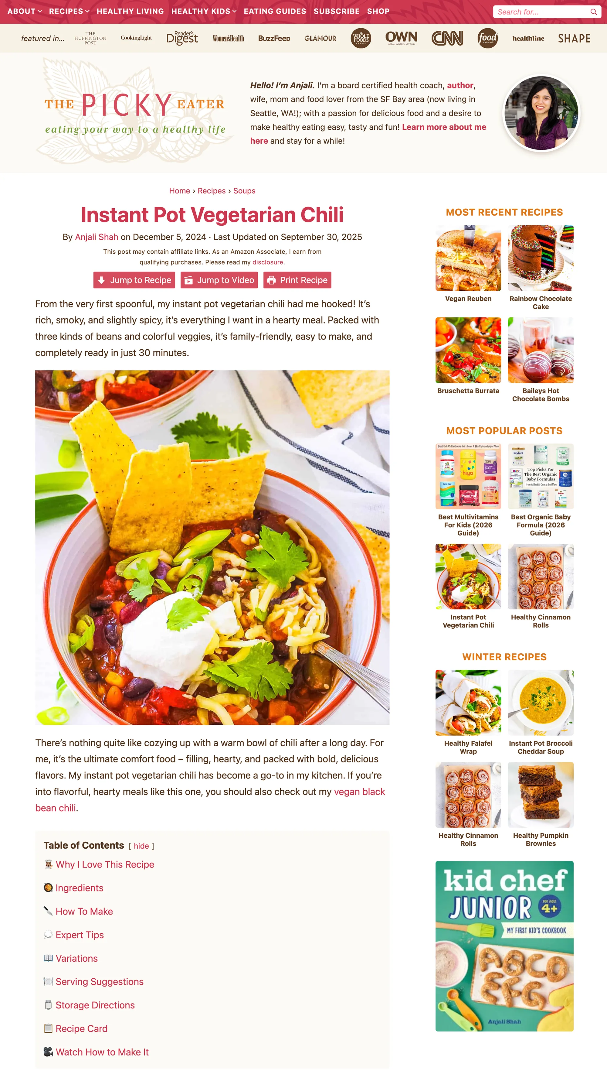 A multi-tiered website footer featuring three distinct color blocks. The top section contains three high-resolution food photos—bread, a green dip, and a salad—each with a dark brown overlay bar. Below this is a wide, olive-green section containing four columns of white text links. The bottom section is a deep raspberry red, featuring a centered white logo and a botanical illustration of berries in the background. The overall design uses a mix of earthy tones and bold, appetizing colors.