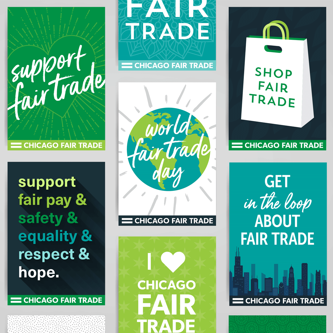 A collage of seven rectangular posters, each featuring different expressive typography and fair trade themes. One poster features the words 'support fair trade' in a flowing white script over a lime green heart. Another shows an illustration of the Earth with 'world fair trade day' written in a brush-lettered style. A third poster uses a heavy, shadowed sans-serif font to list values: 'support fair pay & safety & equality & respect & hope', each on their own line and with separate colors. The color palette is a cohesive mix of teal, lime green, and navy blue, showcasing a variety of font weights and styles: from elegant cursive to bold, industrial block lettering.