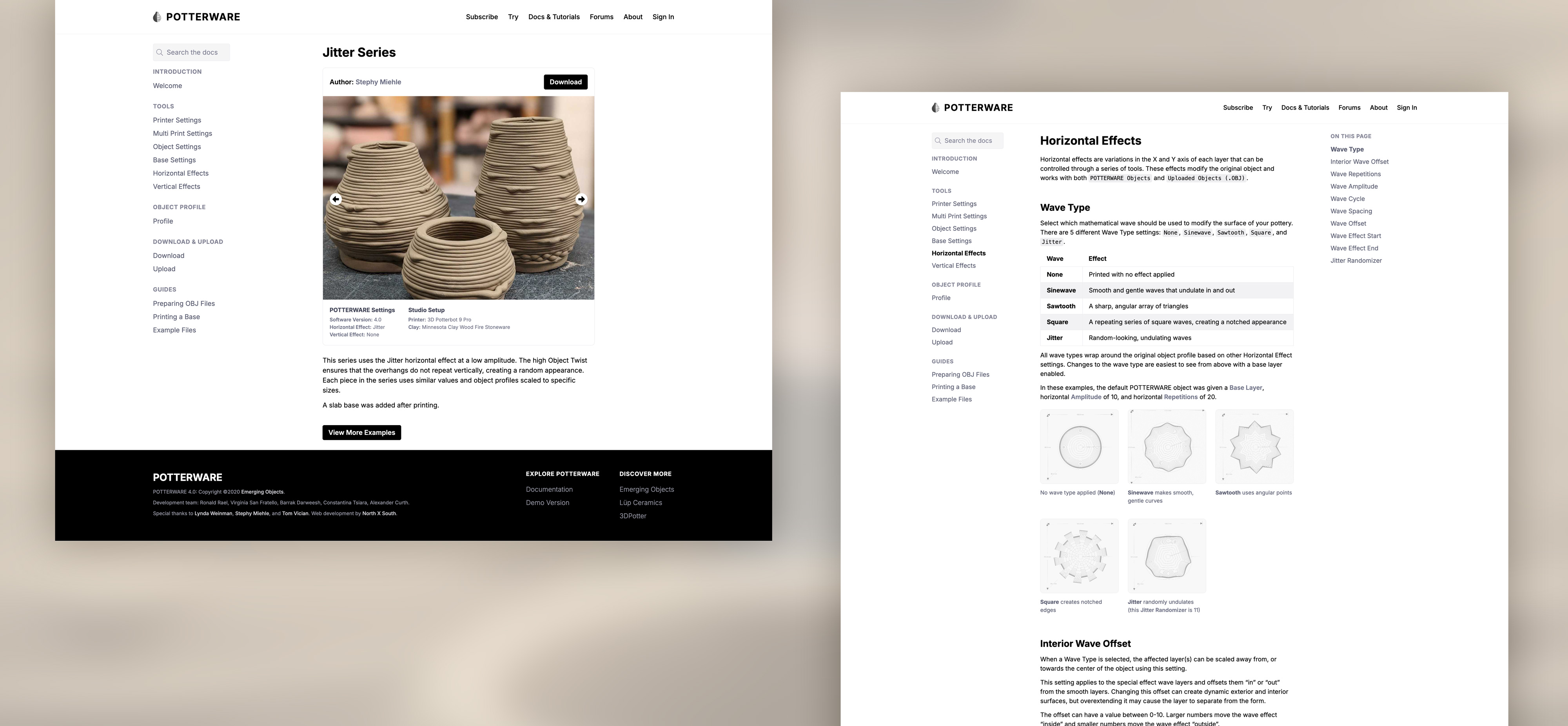 Screenshot of two documentation pages on the Potterware site. The documentation pages feature prominent sidebar navigation and easy jumps to in-page locations.