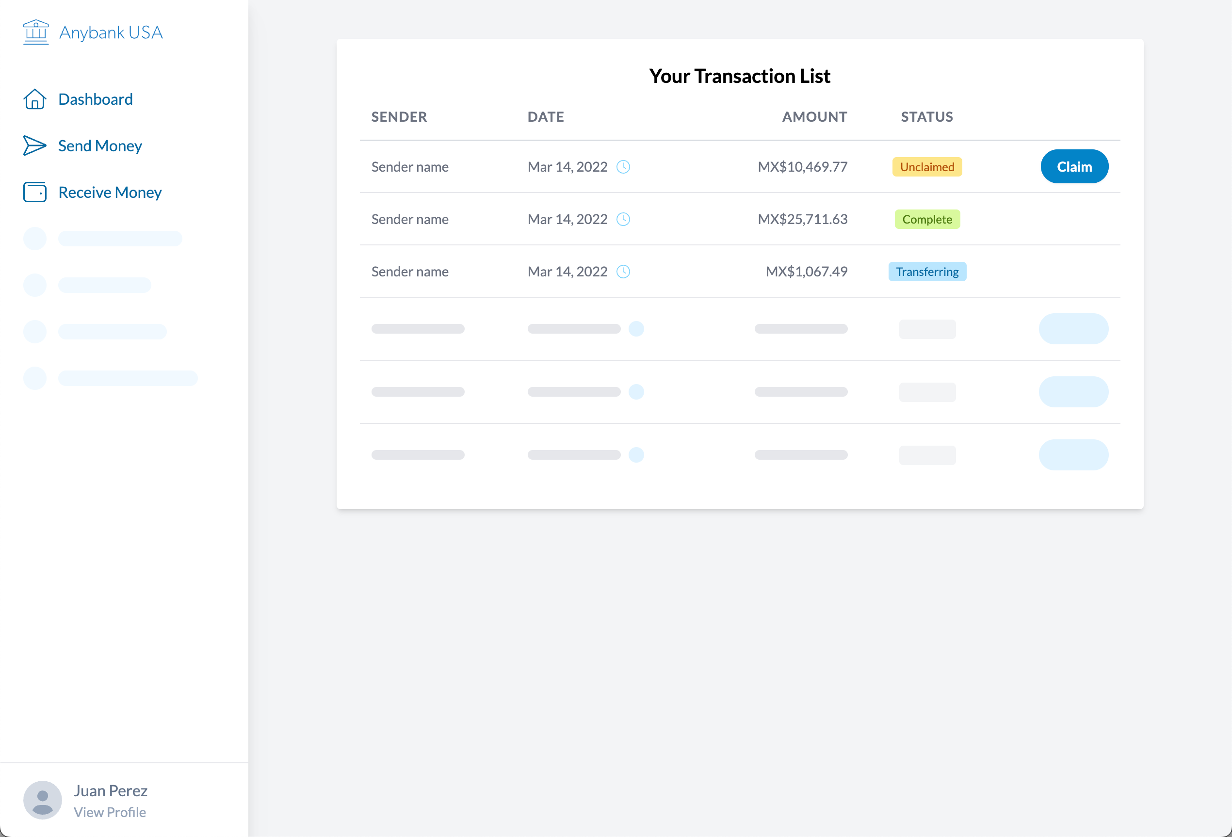 Screenshot of the prototype at the first step of receiving money. The user is prompted to claim a transaction in the transaction table. Additional rows show transferring and completed transactions.