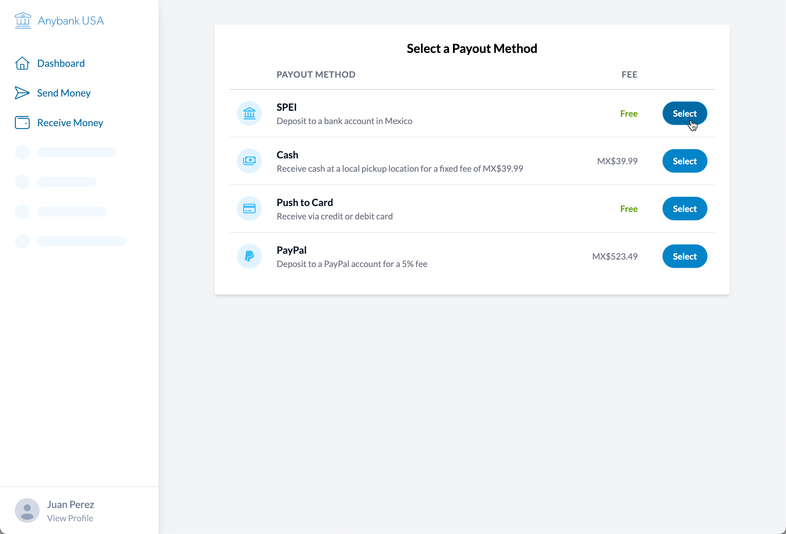 Screenshot of the prototype at the second step of receiving money. The user is prompted to select a payout method.