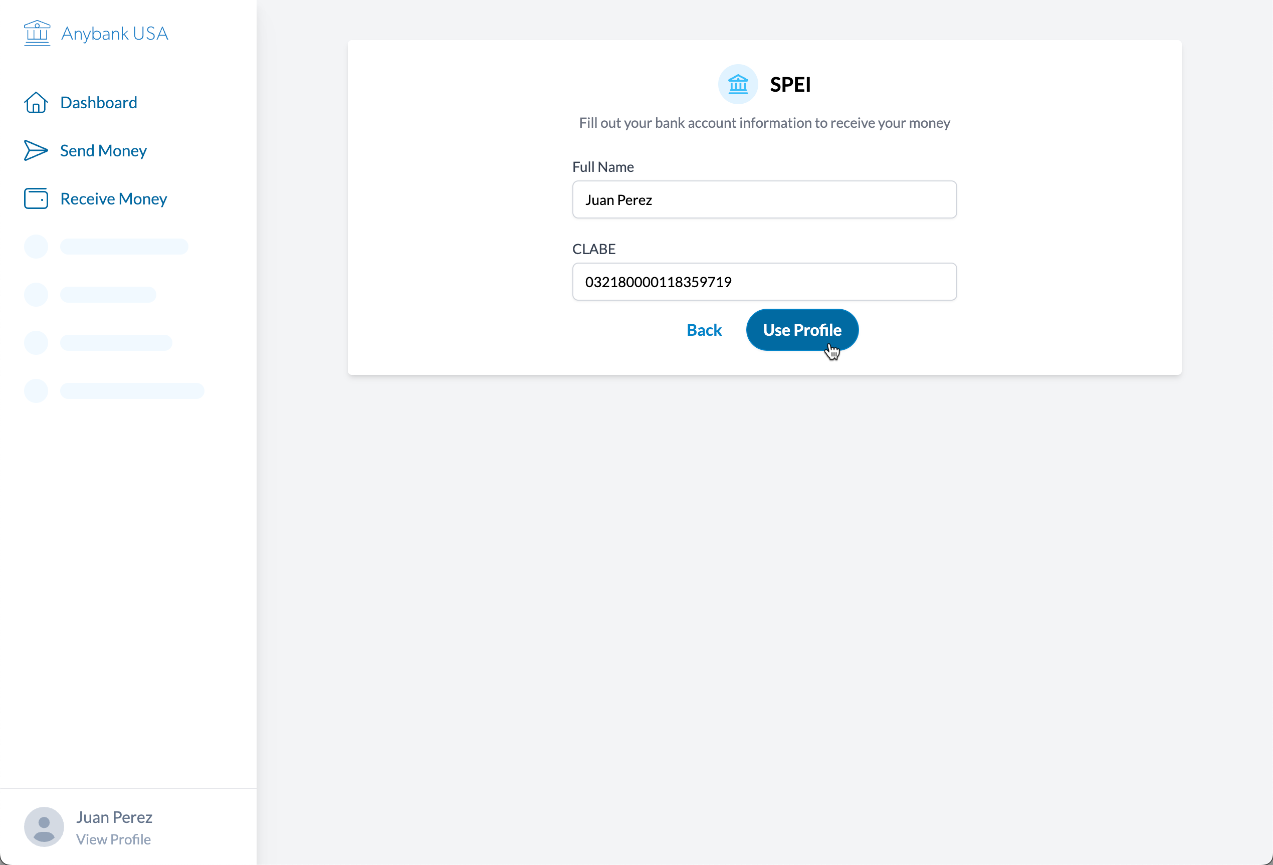 Screenshot of the prototype at the third step of receiving money. The user is prompted to enter their payout details.