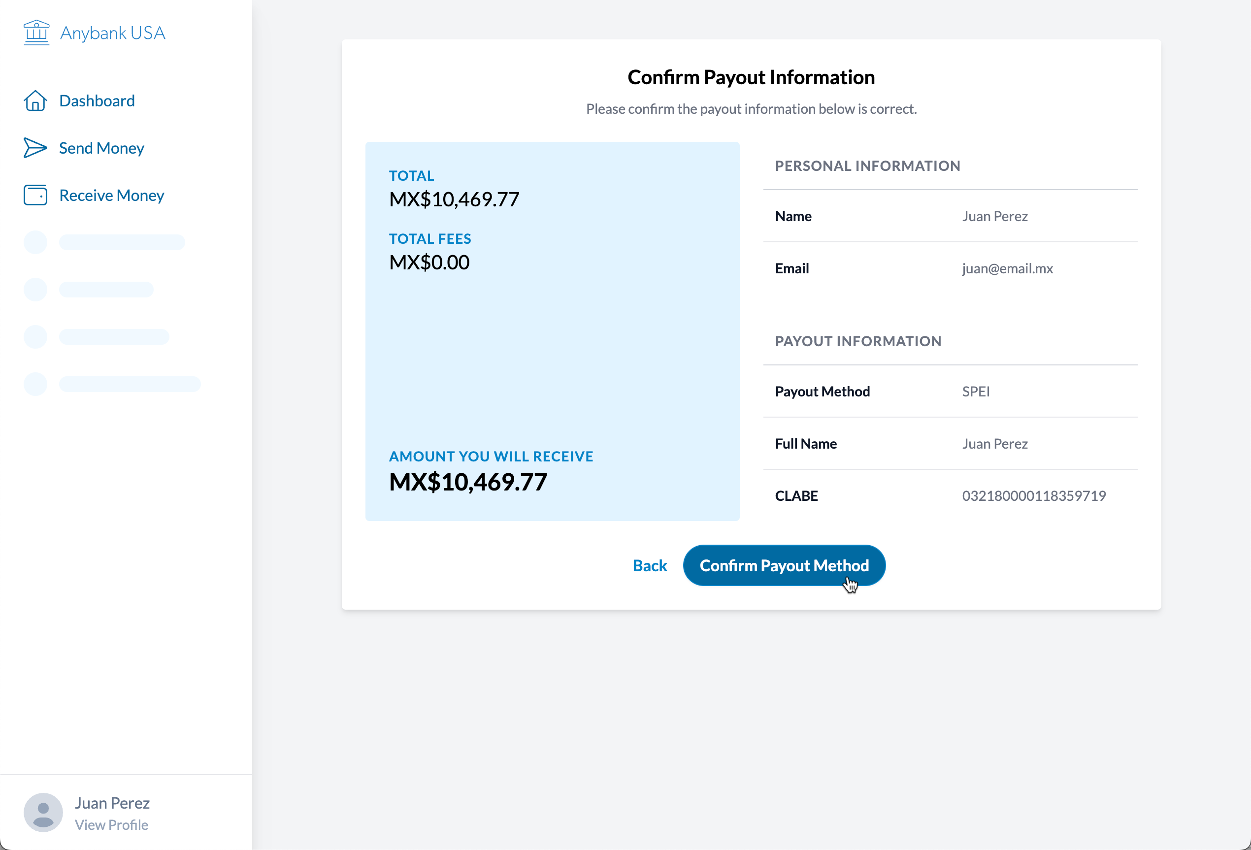 Screenshot of the prototype at the final step of receiving money. The user sees a confirmation screen with all of the transaction details.