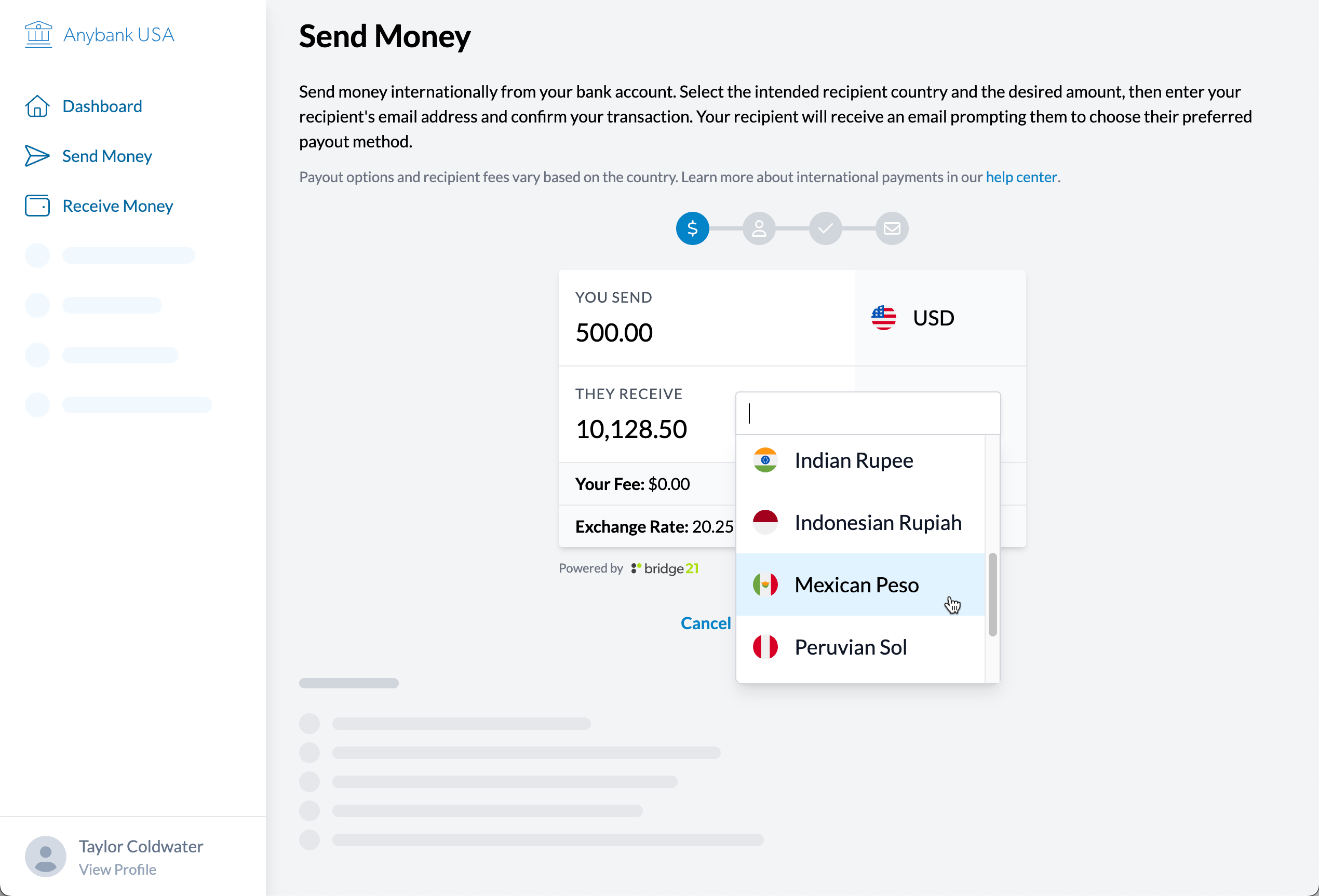 Screenshot of the prototype at the first step of sending money. The user is prompted to enter the amount they want to send and select the destination currency.