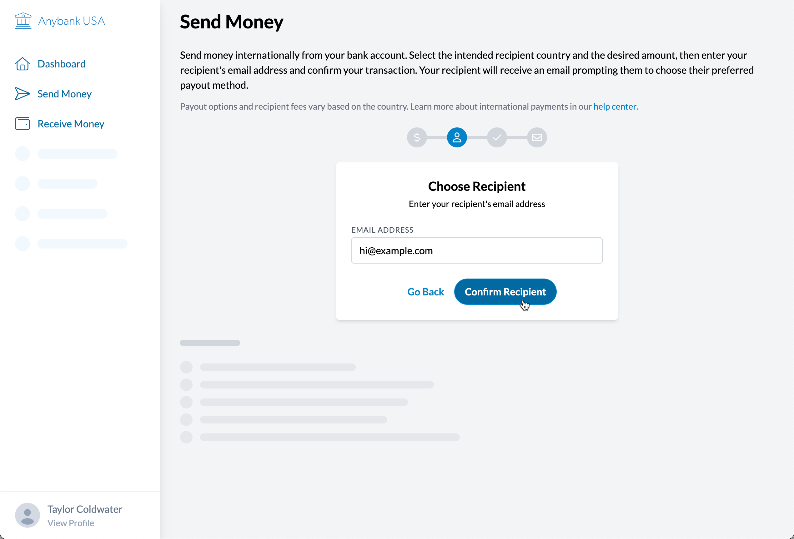 Screenshot of the prototype at the second step of sending money. The user is prompted to enter the recipient's contact information.