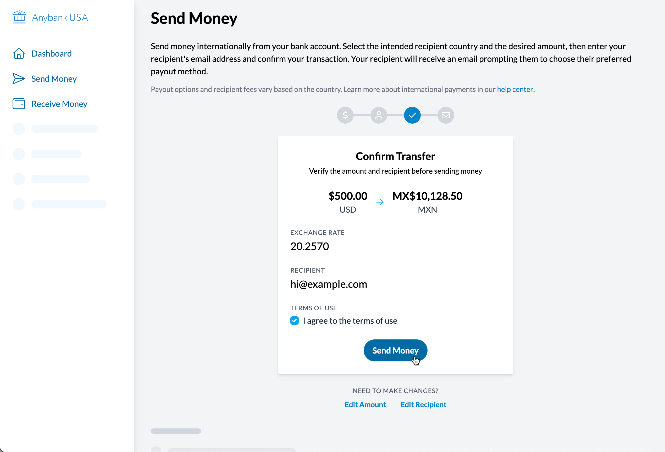 Screenshot of the prototype at the third step of sending money. The user is prompted to confirm the transfer and contact details.
