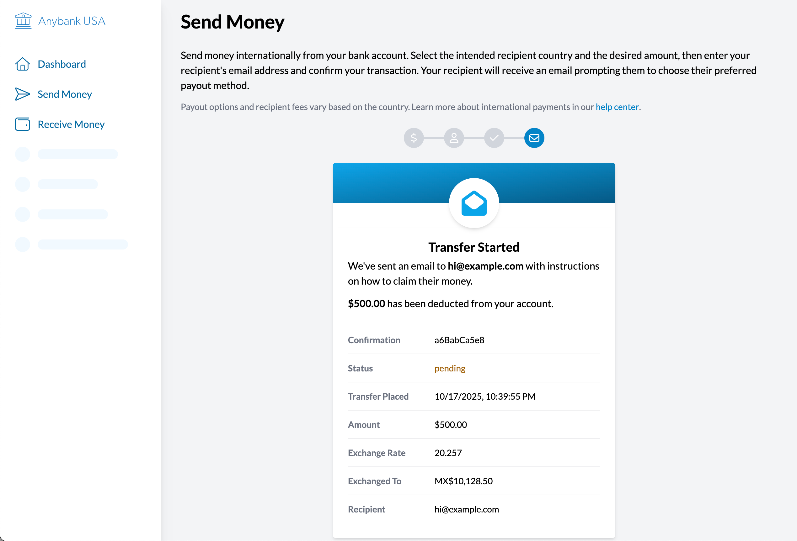 Screenshot of the prototype at the final step of sending money. The user sees a confirmation message that the transfer was successful, along with the transfer details.