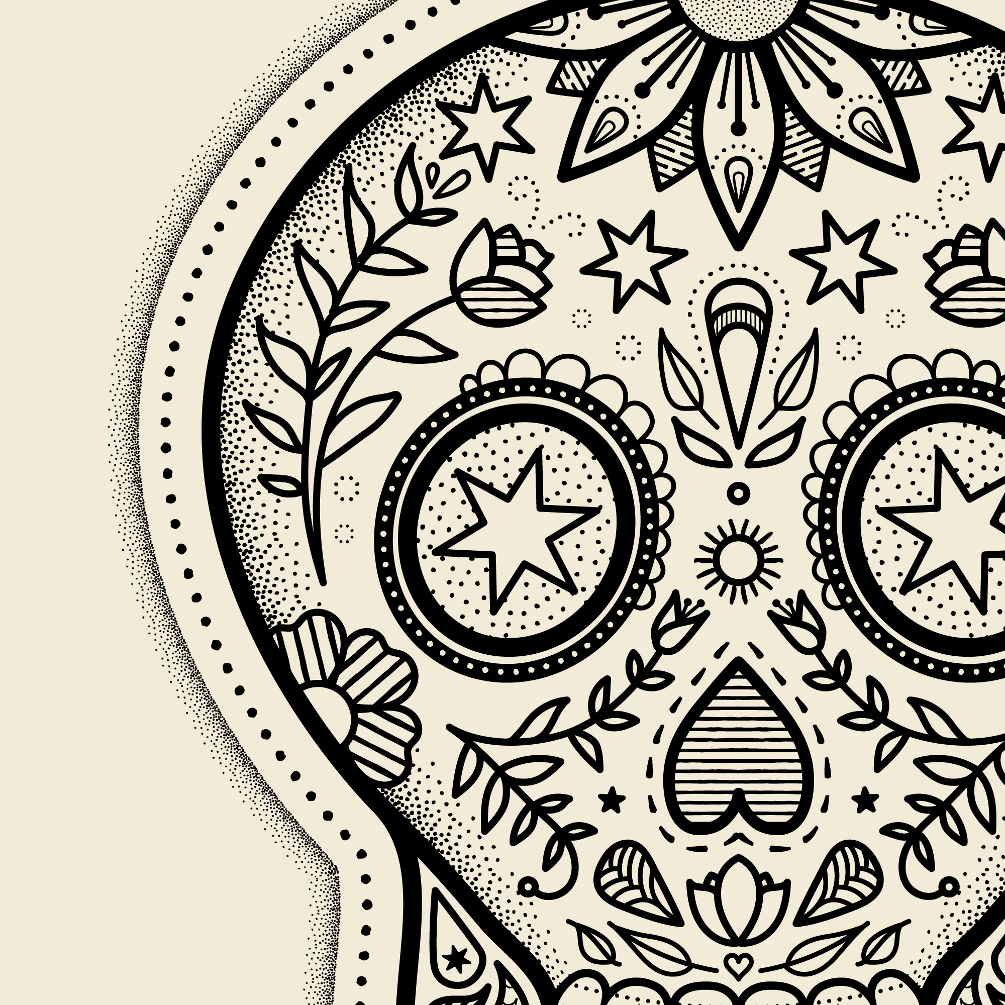 Close-up of a sugar skull illustration with flat black linework. There is a lot of variation in the line thickness to give it a hand-drawn feel. Some regions have linear or dotted patterns filling them.