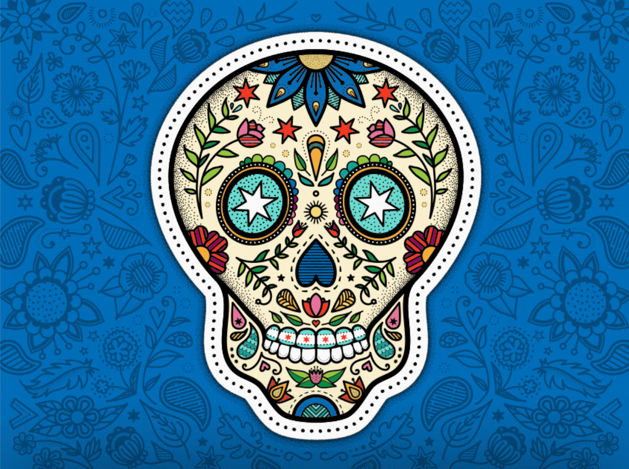Illustration of a sugar skull with vibrant colors and motifs inspired by Chicago and traditional Dia de los Muertos imagery. The skull is adorned with flowers, leaves, and the star from the Chicago flag, creating a festive and eye-catching design.