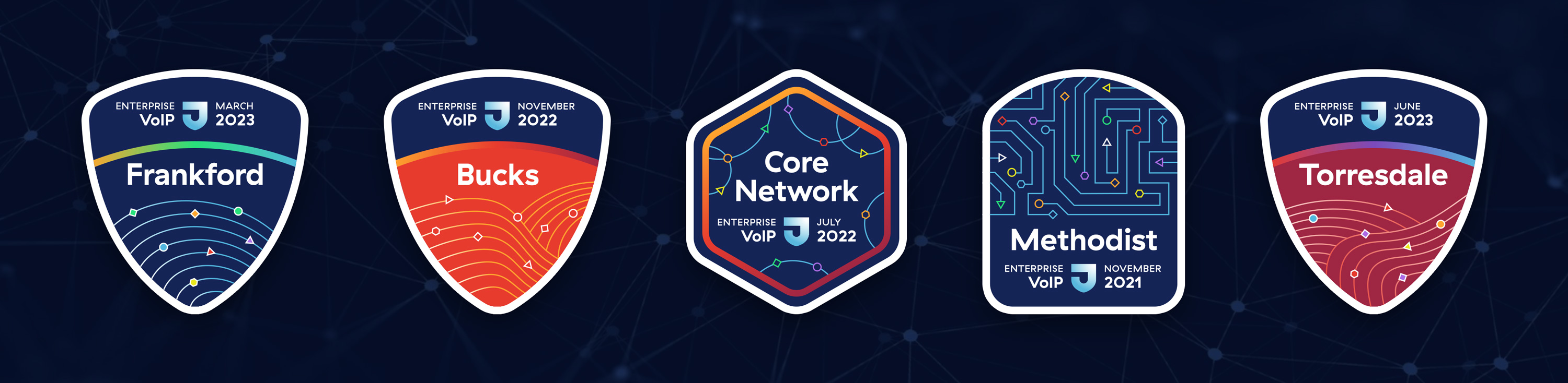 5 site stickers on a dark networking-inspired background