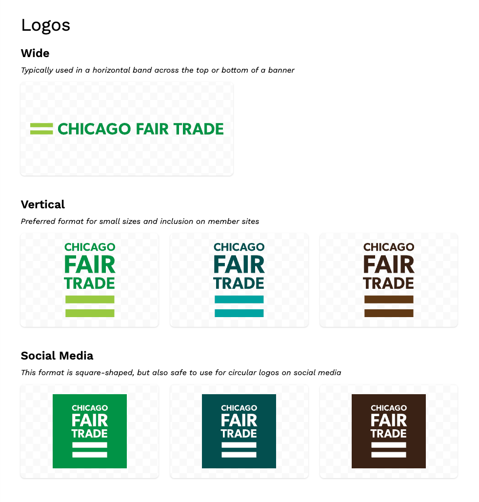 Horizontal, vertical, and white-on-color versions of the Chicago Fair Trade logo