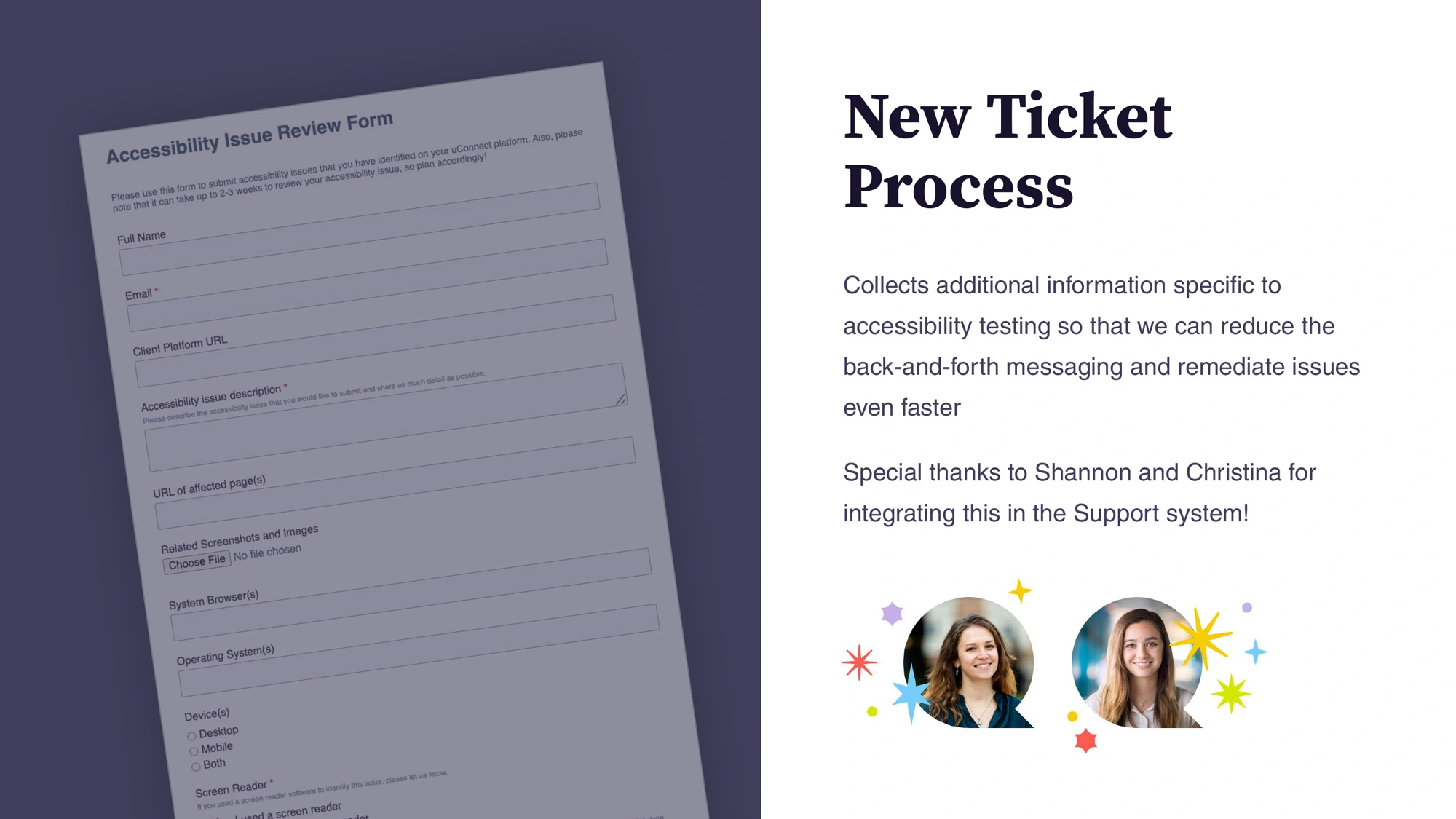 A design showing a new accessibility ticket process. On the left is a screenshot of the Accessibility Issue Review Form which collects detailed information such as Name, Email, URL, affected page URLs, operating system and browser versions, and screen reader name and version. On the right, the title 'New Ticket Process' is displayed with text explaining that the new form 'reduces the back-and-forth messaging' for faster issue remediation. Below the text, there are two women, Christina and Shannon, smiling in small, rounded headshots shaped like the uConnect 'u' quote bubble icon with celebratory star graphics.'