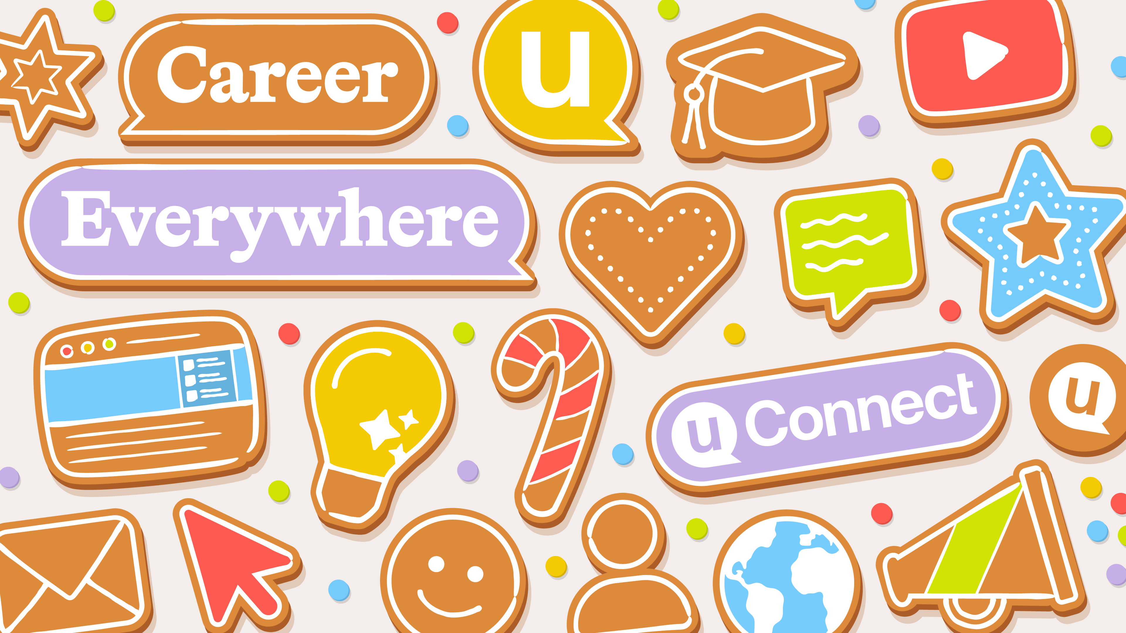 Flat illustration with many scattered uConnect cookies. Each cookie has a light brown base and white icing. The cookies come in various shapes and feature accent colors from the brand palette.