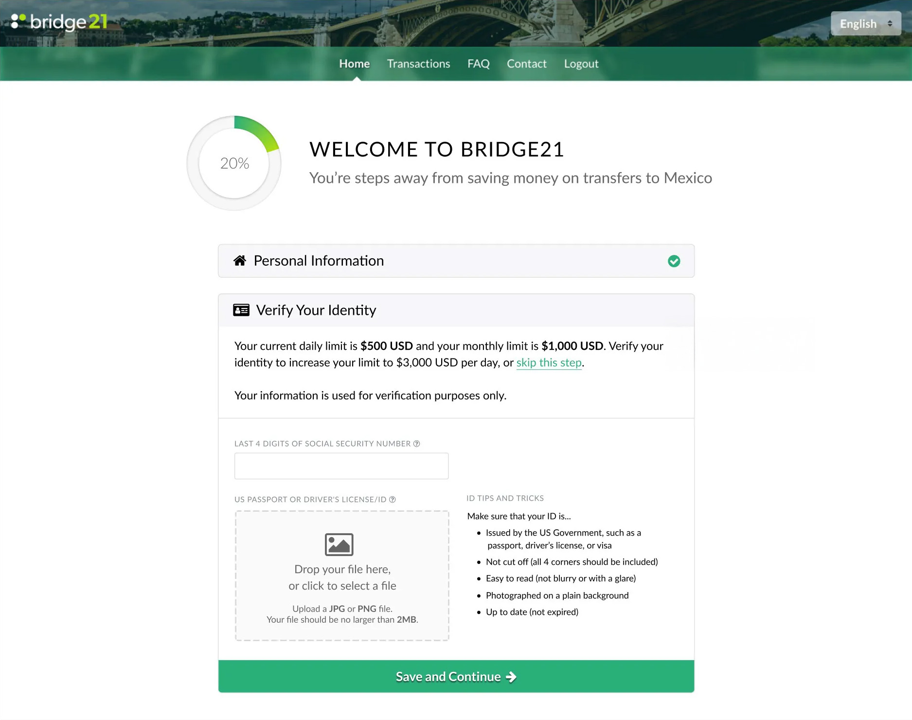 Screenshot of the identity verification page on bridge21's remittance website. The page has a clean, simple layout with a progress circle at the top and a form for entering personal information, including a drag-and-drop area to upload identity files.