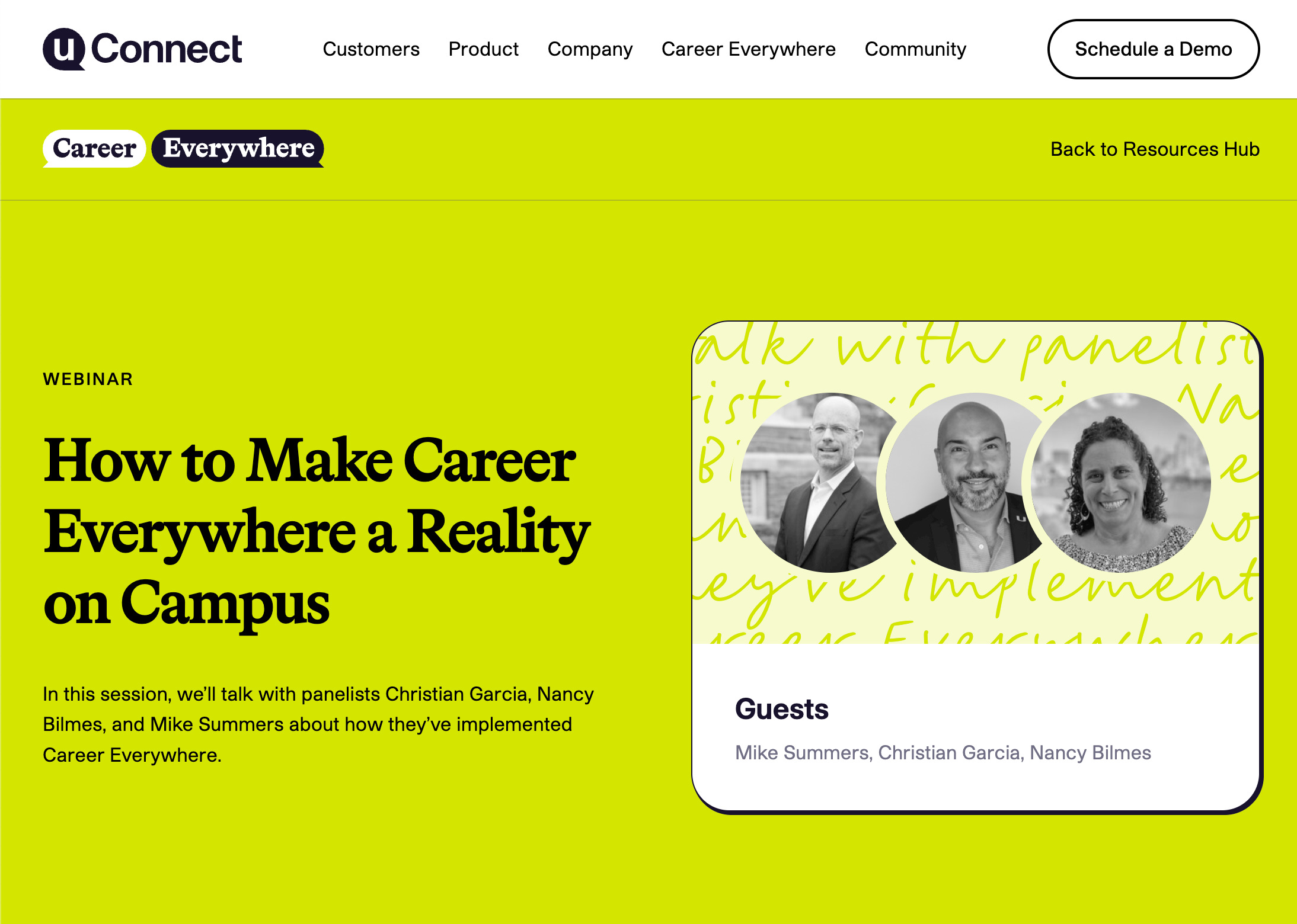 Screenshots of the webinar header section on the uConnect marketing website. The background features a card with speaker headshots and a large handwriting font behind them with the post excerpt text.
