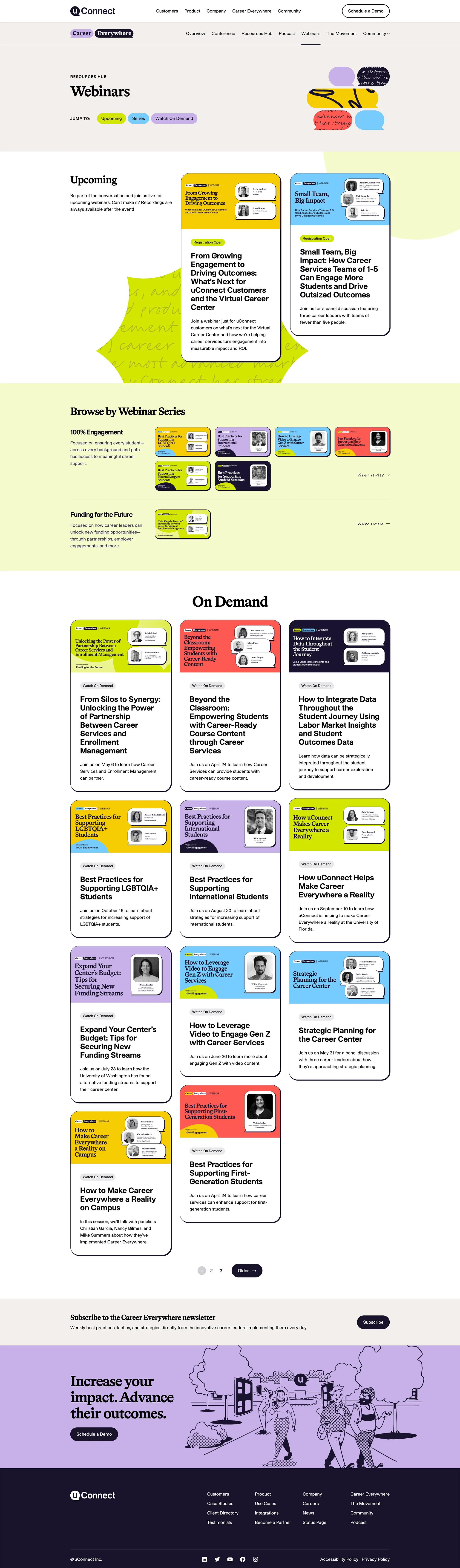 A full-page screenshot of the uConnect Webinars archive page. The header features the title 'Webinars' next to colorful, abstract shapes. The page is organized into sections: 'Upcoming,' which features two prominent webinar cards with speaker photos and titles like 'Small Team, Big Impact'; 'Browse by Webinar Series,' showing categorized cards for topics like '100% Engagement' and 'Funding for the Future'; and a large 'On Demand' section with a grid of colorful webinar thumbnails covering various career service topics.