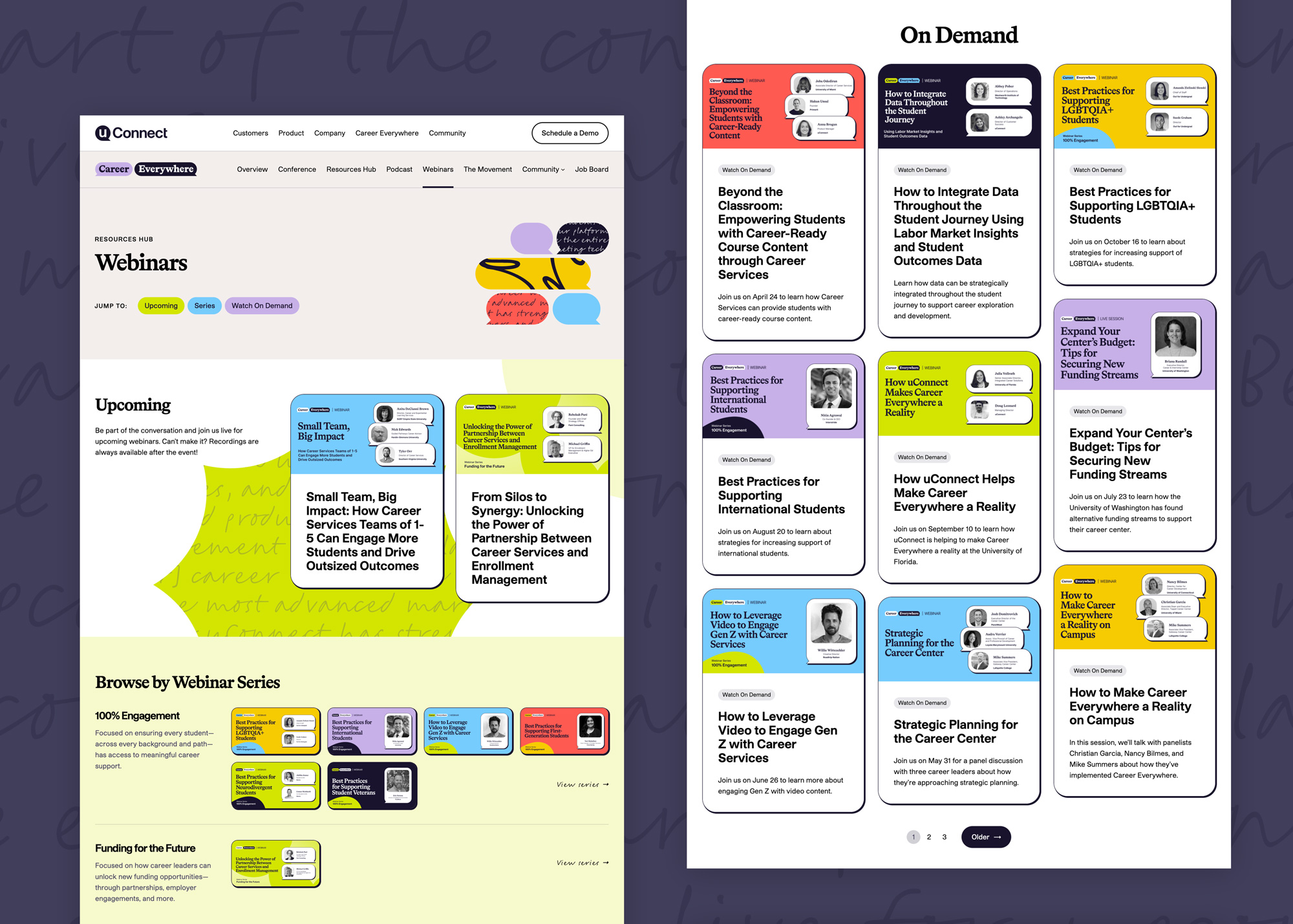 Screenshot of the webinars landing page on the uConnect marketing website. The page features a grid of webinar cards with colorful images, titles, dates, and descriptions. Upcoming webinars are highlighted at the top.