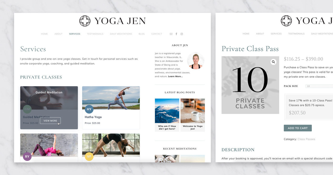 Yoga Jen booking and order pages in WooCommerce showing the seamless payment and booking flow