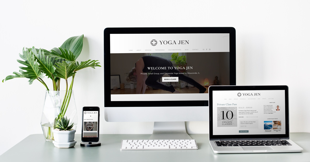 Bright, airy shot of the Yoga Jen website on a large monitor, laptop, and smartphone. The website and designs feature a calming color palette with lots of white space. Small plants add a pop of color to the scene.