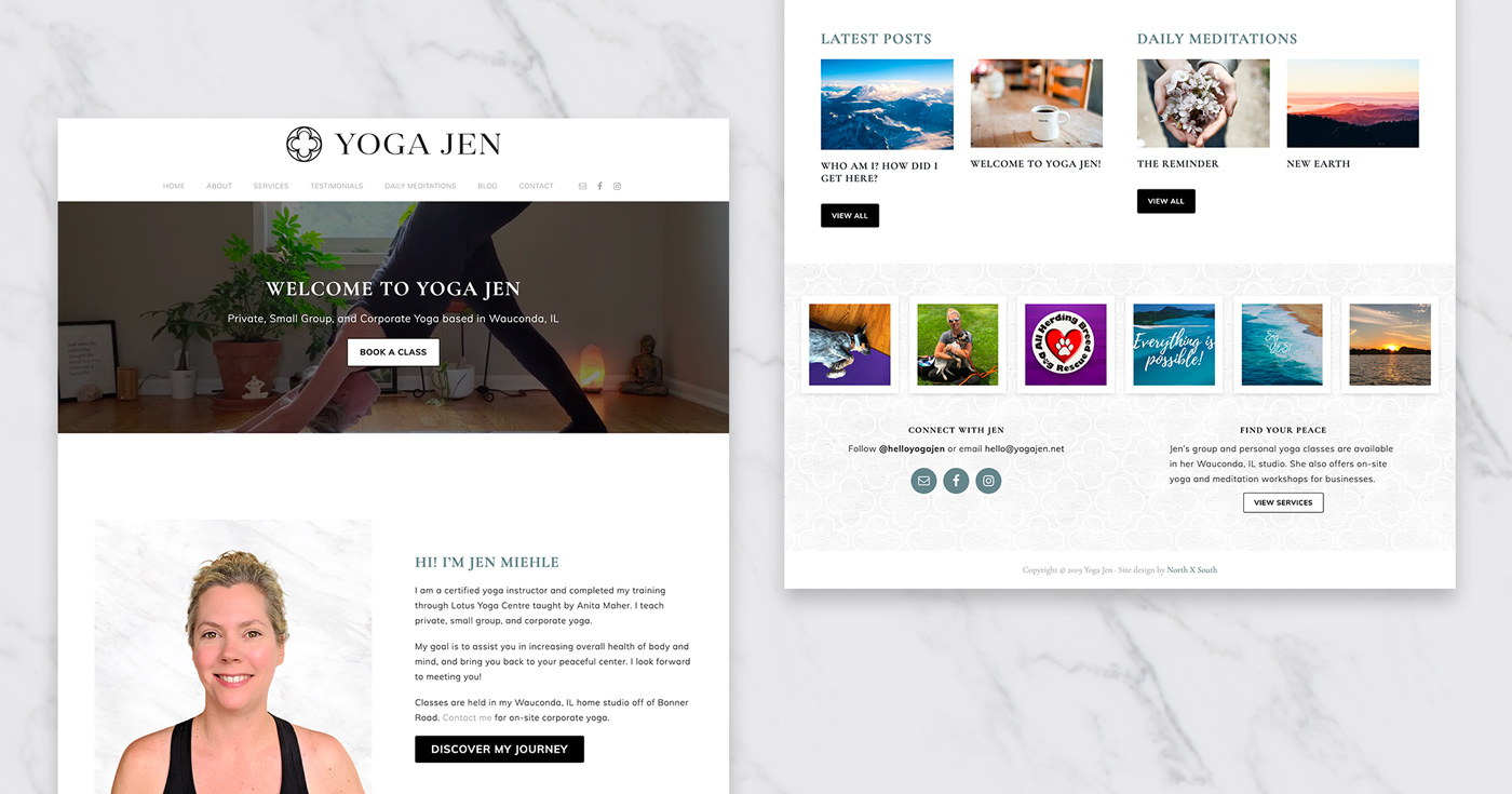 Yoga Jen WordPress homepage featuring a clean, calming design with a custom video background